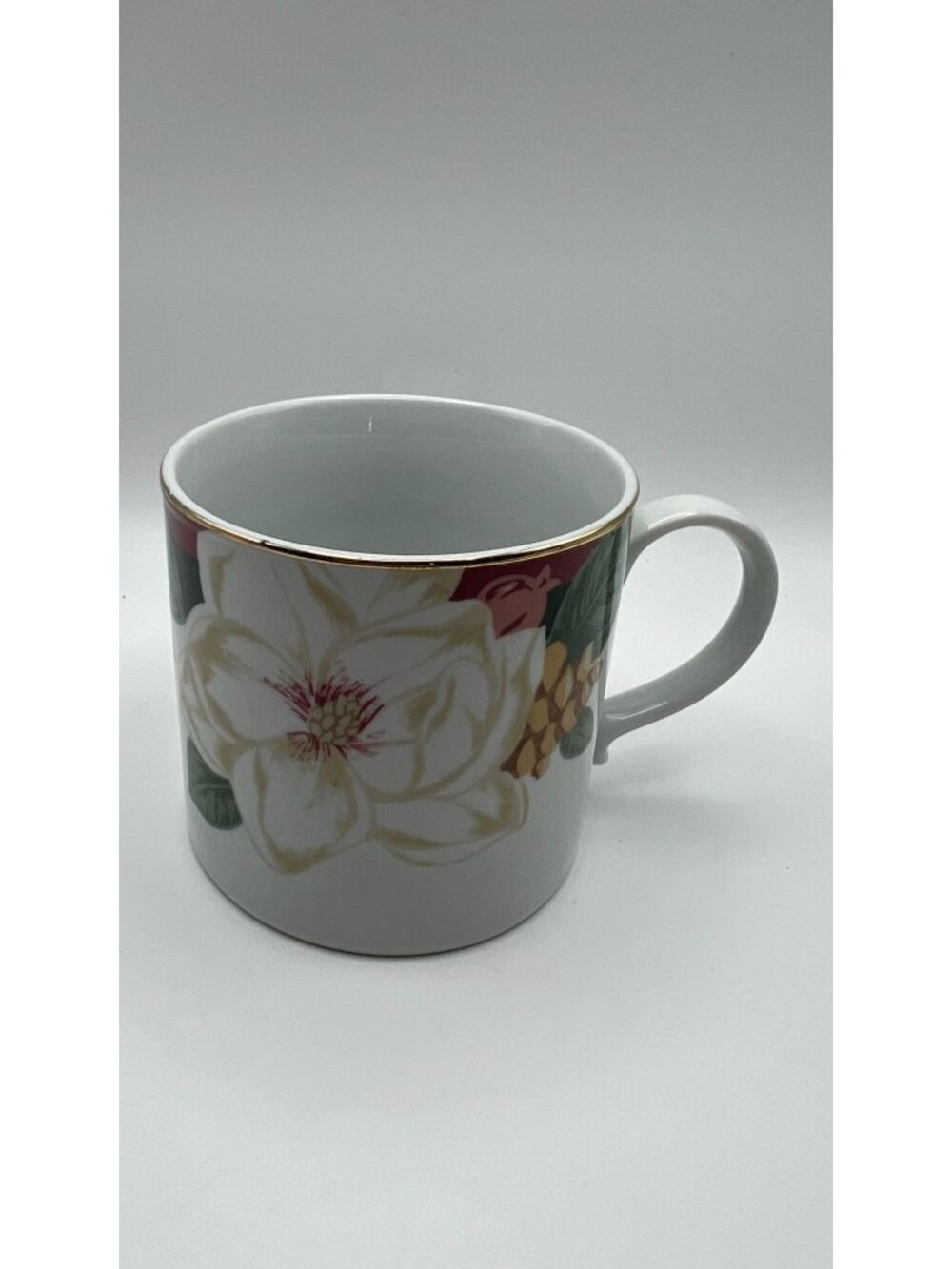 Tienshan Fine China Magnolia Mug With Floral & Fruit Design 10 Oz Gold Trim Made